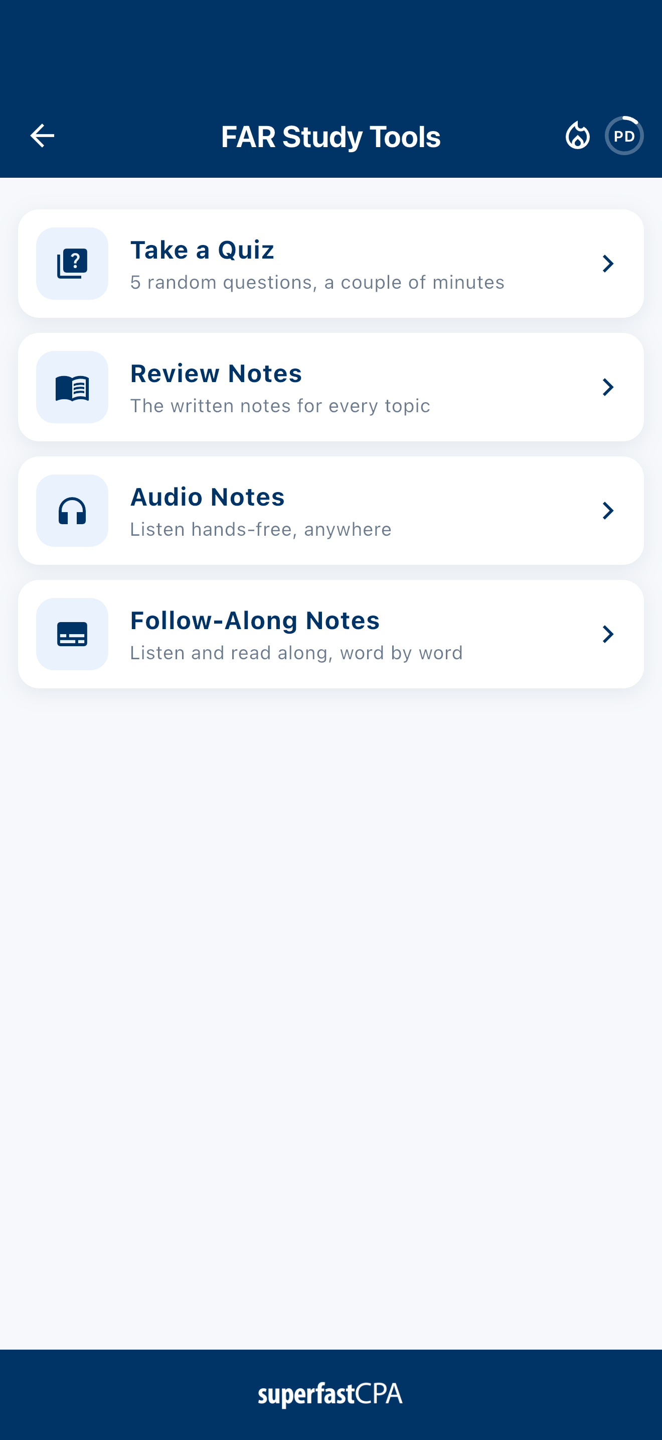 SuperfastCPA app overview showing Take a Quiz, Review Notes, Audio Notes, and Follow-Along Notes